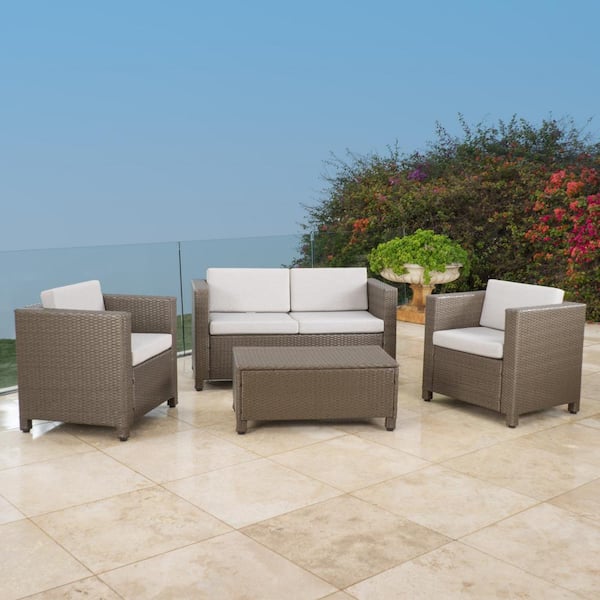 Noble House Puerta Brown 4-Piece Faux Rattan Patio Conversation Set with Gray Cushions