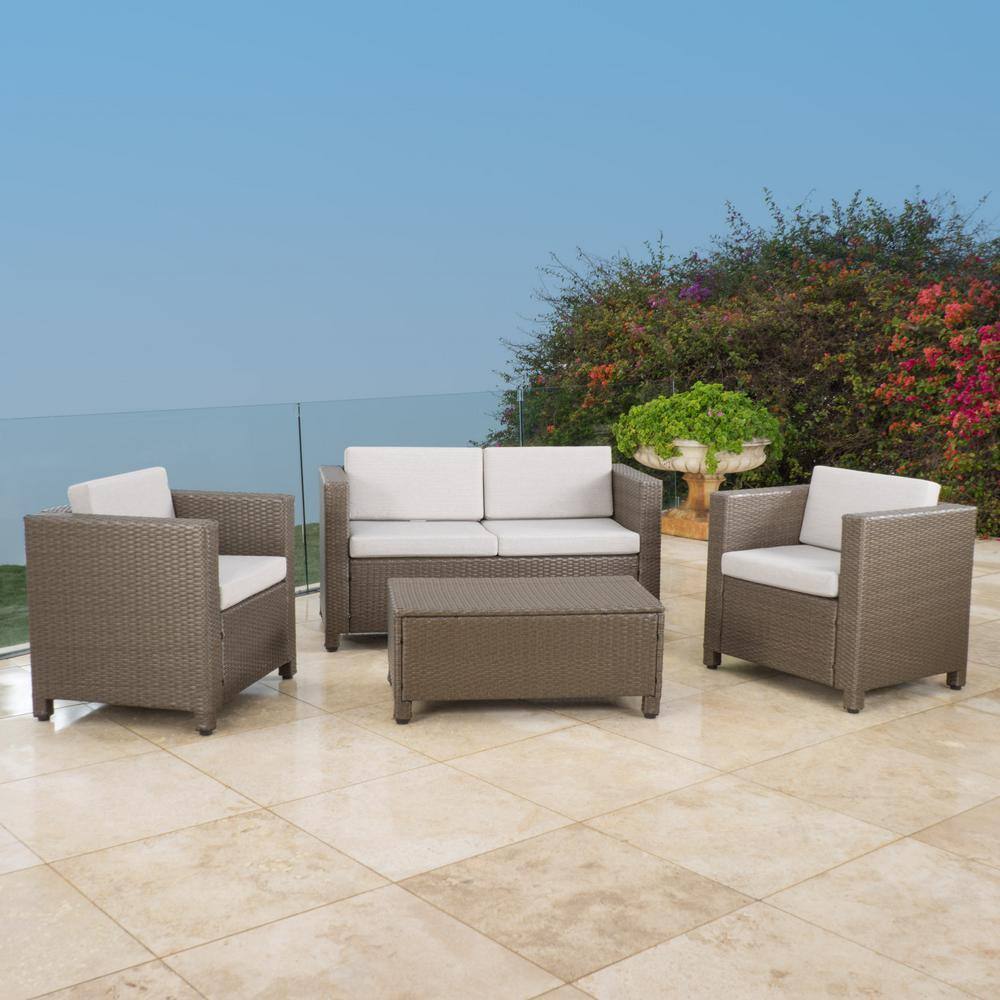 Noble House  Puerta Brown 4-Piece Plastic Patio Conversation Set with Gray Cushions - 1