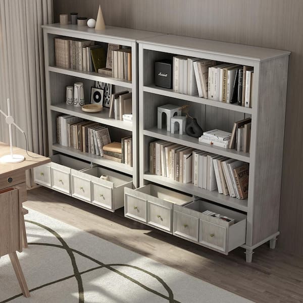 47.2 in. W x 63 in. H, Wood Grain Gray, 3-Tier Open Shelves, Accent Storage Cabinet with 2 Drawers for Storage