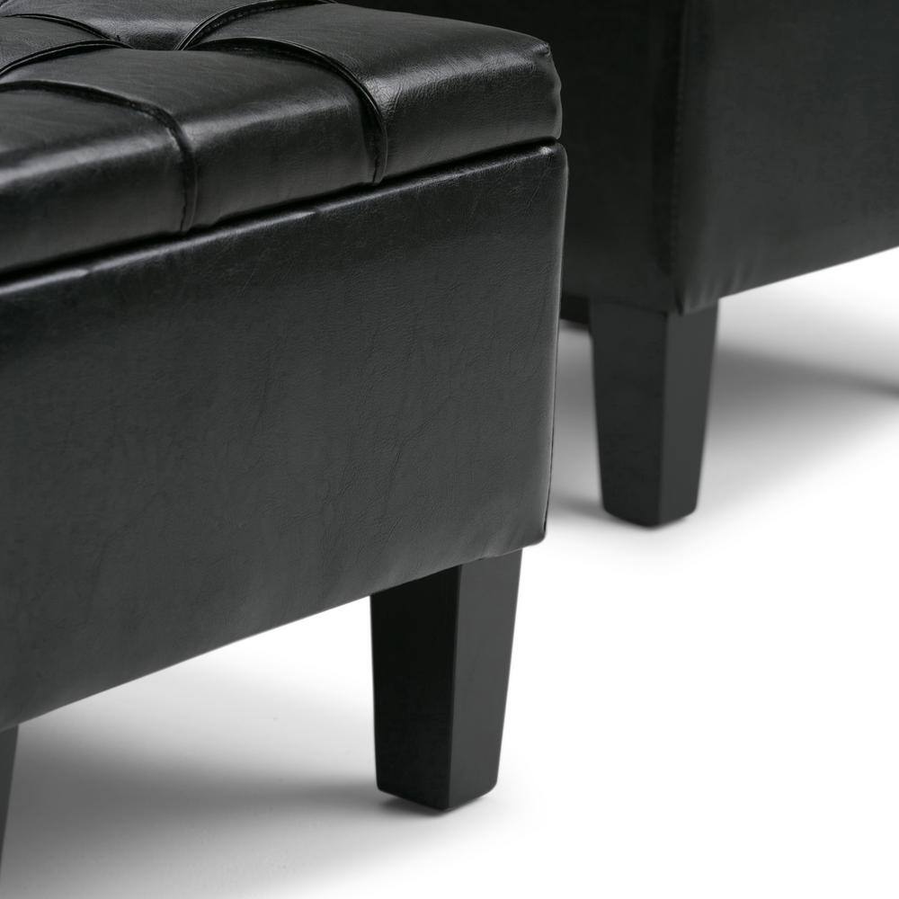 Dover Midnight Black Faux Leather 3-Piece Storage Ottoman Set