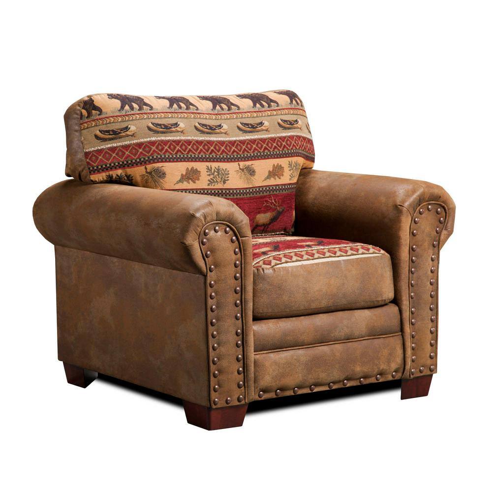 Sierra Lodge Rustic Oak Wood Accent Chair with Elk and Bear Tapestry