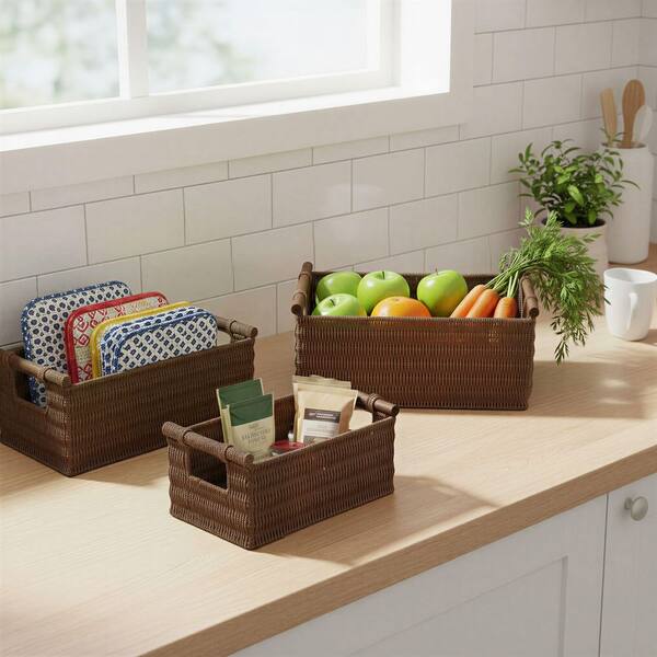 HOUSEHOLD ESSENTIALS Rich Brown Stained Paper Rope Set of 3 Basket