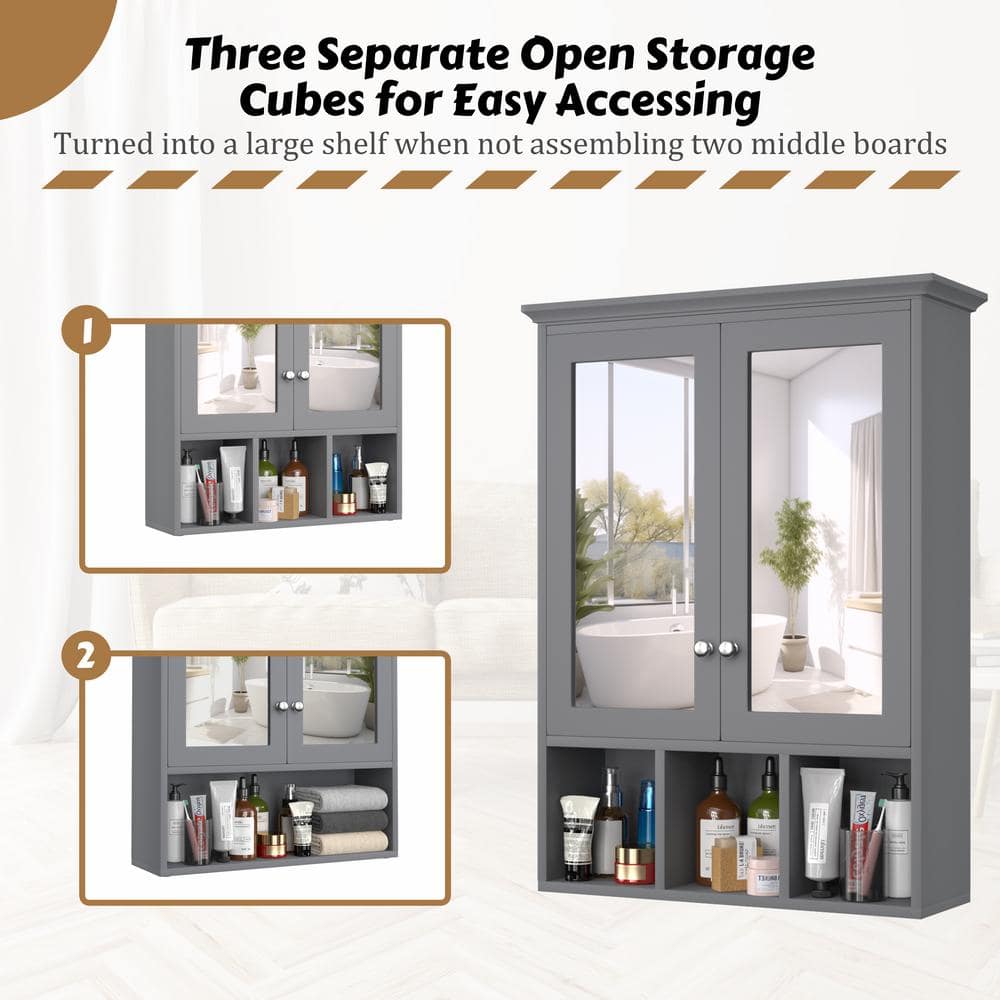 Gray MDF Oversized Bathroom Medicine Cabinet with Mirrors and Adjustable Shelves