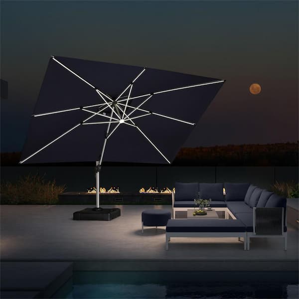 PURPLE LEAF 10 ft. x 13 ft. Solar Powered LED Patio Outdoor Cantilever Umbrella Heavy Duty Sun Umbrella in Navy Blue