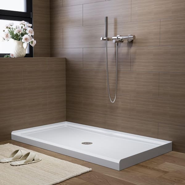 60 in. L x 32 in. W Alcove Shower Pan Base with Center Drain in High Gloss White