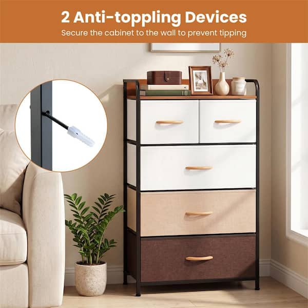 Costway 5-Drawer Cream Dresser Storage with Wooden Top 39 in. x 23 in. x 11.5 in. QD-654-A17