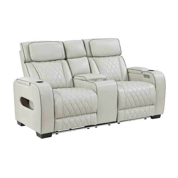 Clumber 73.5 in. W Taupe Pillow Top Faux Leather 2-Seater Power Double Reclining Loveseat with Center Console