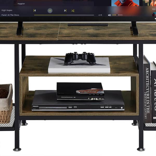 TV Stand with Power Outlets, Brown TV Console for 70 in. Industria Media Entertainment Center with Charging Station