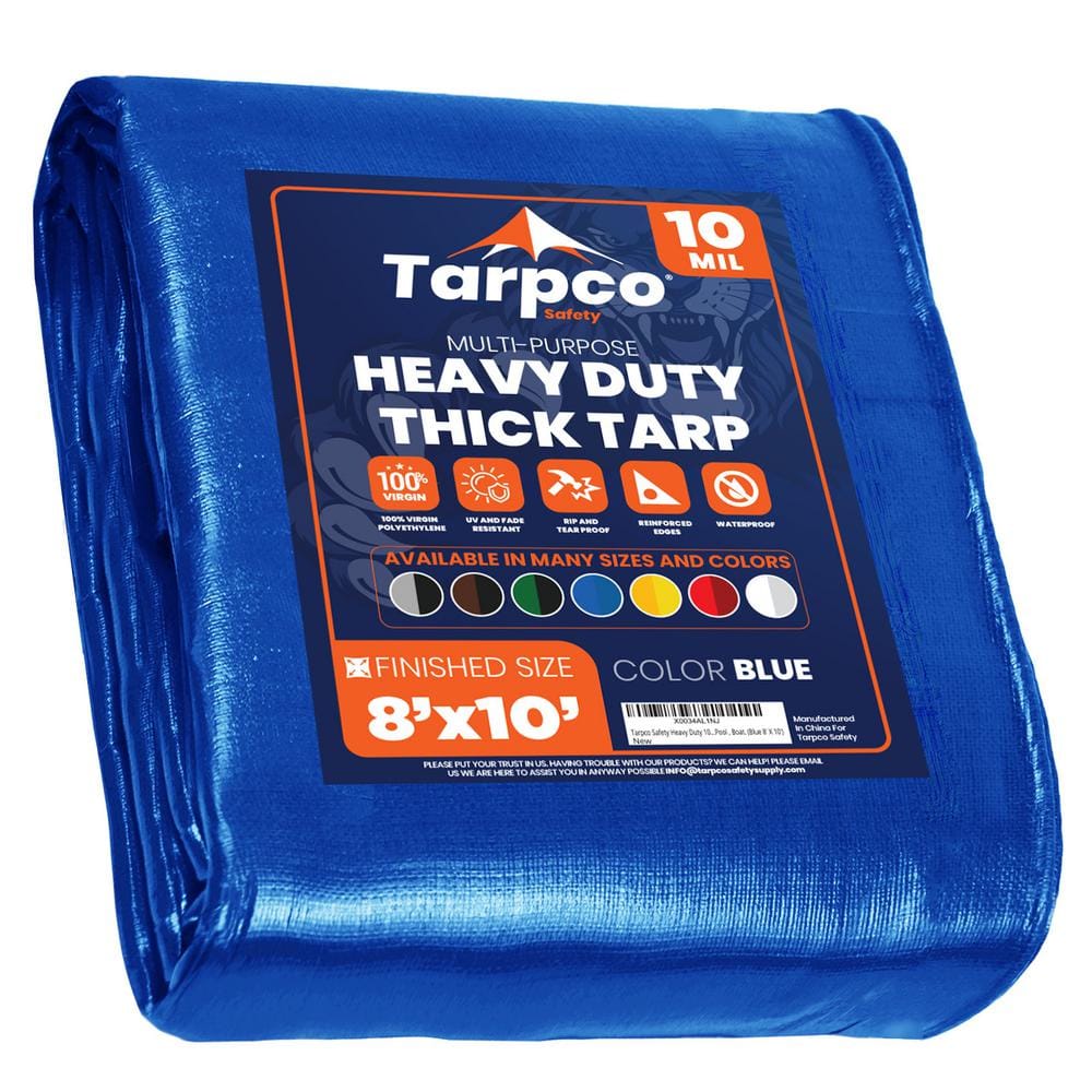 TARPCO SAFETY 8 ft. x 10 ft. Blue 10 Mil Heavy Duty Polyethylene Tarp,  Waterproof, UV Resistant, Rip and Tear Proof TS-155-8x10 - The Home Depot