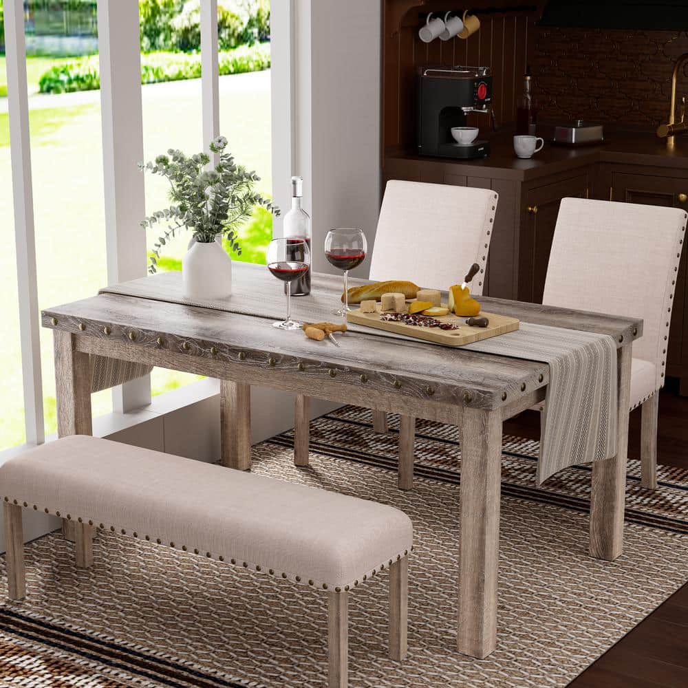 4-Pieces Rustic Rectangular Wood Grain Top Dining Table with Chair and Bench Set for Farmhouse Kitchen 4 Seats price history on PriceWatchPro