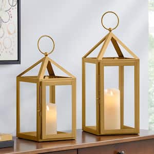 Modern Gold Metal Lantern Candle Holder - Hanging or Tabletop (Set of 2)