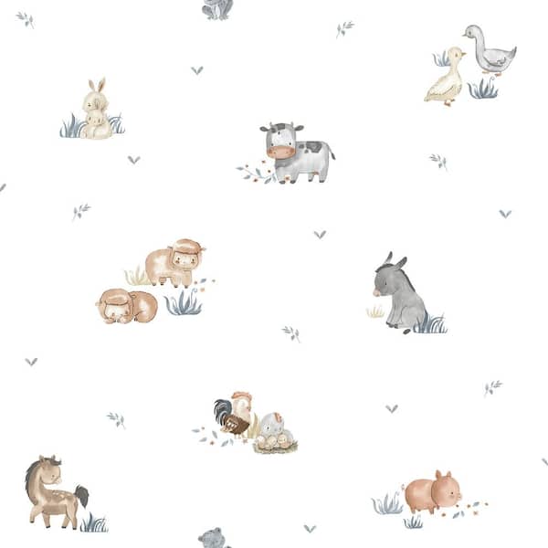Unbranded White Little Explorers 2 Farm Animals Matte Finish Non-Pasted Non-Woven Wallpaper Roll