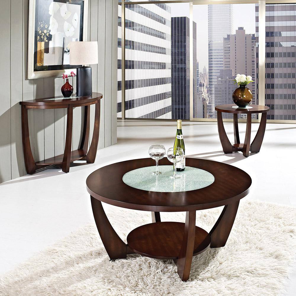26'' Modern Cherry Wood Round End Table with Glass Inlay