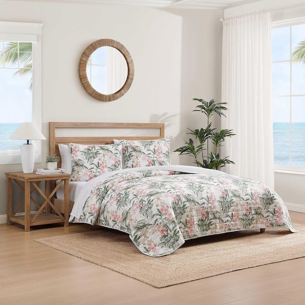 Island Orchid 3-Piece Coral Pink/Cream Cotton Full/Queen Quilt Set