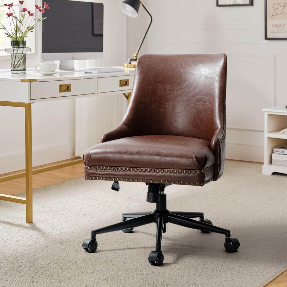 Taurino Contemporary Brown Leather Swivel Height-adjustable Task Chair with Nailhead Trim - Thumbnail 5
