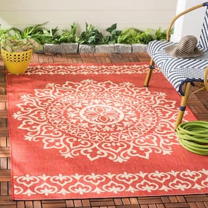Beach House Red/Creme Doormat 2 ft. x 4 ft. Medallion Floral Indoor/Outdoor Area Rug