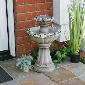 24 in. Tall Vintage Old World Pedestal Fountain Yard Art Decor with Pebble Inlay