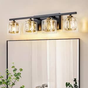 25.59 in. 4-Lights Matte Black Modern/Contemporary Gold Crystal Vanity Light with Clear Glass Shade