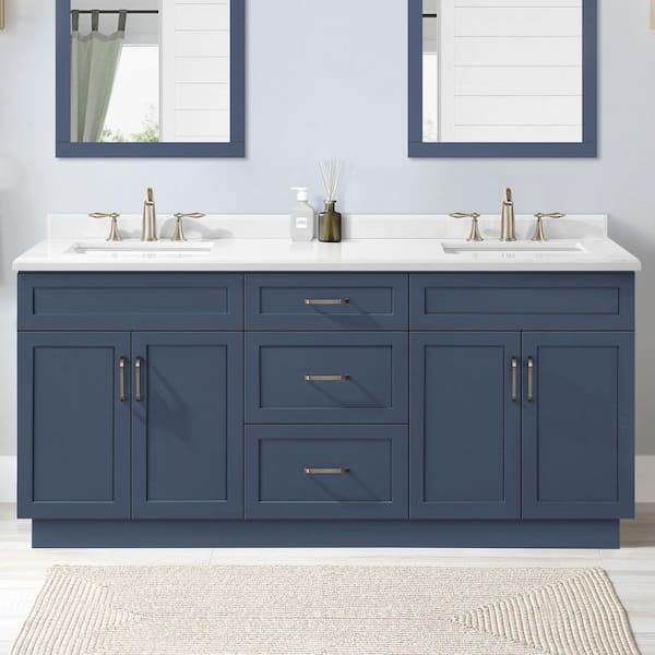 Lincoln 72 in. Double Sink Midnight Blue Bath Vanity with White Engineered Stone Top (Assembled)