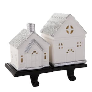Porcelain House Set with Stocking Holder Base and LED Light in Silver Glitter