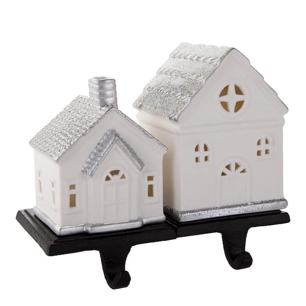 Omega Bright Designs Porcelain House Set with Stocking Holder Base and LED Light in Silver Glitter