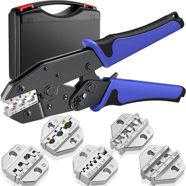 Ratcheting Wire Crimping Tool Set w/6 Interchangeable Dies for Heat Shrink, Non-Insulated, Ferrule and Solar Connectors