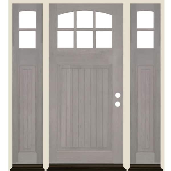 Krosswood Doors 64 in. x 80 in. V-Groove Arched 6-Lite Clear Glass Grey Stain Left Hand Hemlock Prehung Front Door with DSL