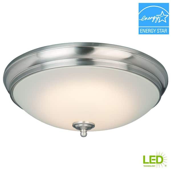 Commercial Electric 13 in. 60-Watt Equivalent Brushed Nickel Integrated LED Flush Mount with White Glass Shade