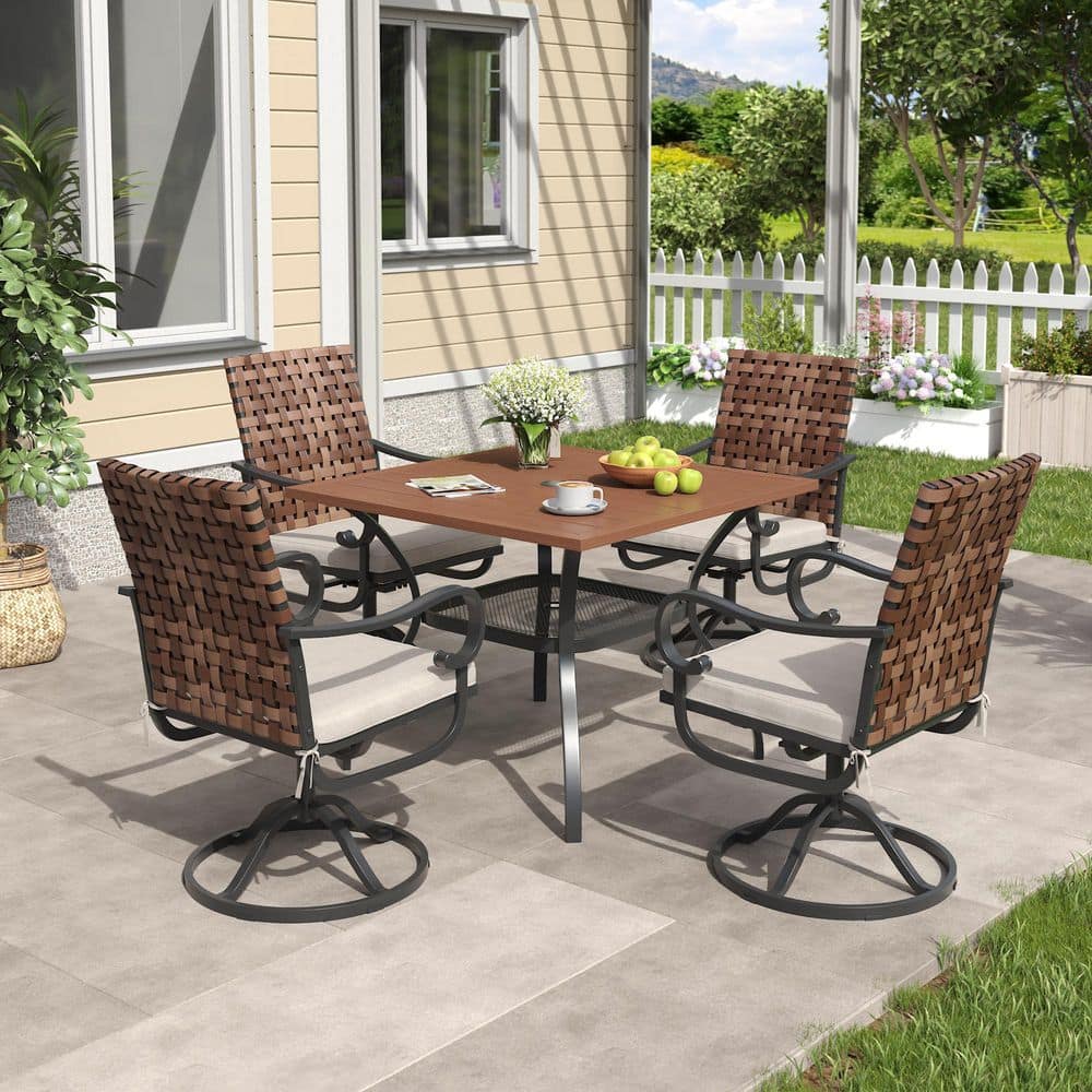 5-Piece Metal Outdoor Dining Set with 37.8 in. Walnut Square Dining Table and 4 Wicker Swivel Chairs with Beige Cushions price history on PriceWatchPro