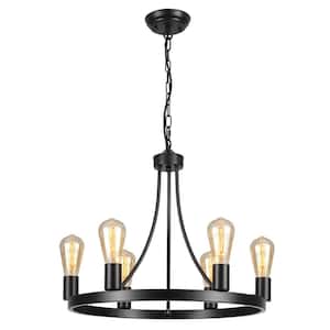 Romyn 6 Light Farmhouse Candle Style Black Wagon Wheel Chandelier for Kitchen Island Dining Room Living Room Foyer