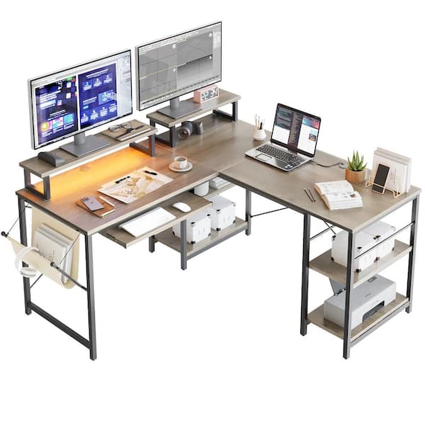 Bestier L Shaped Desk LED 95.2 Inch Computer Corner Desk with Keyboard Tray Monitor Stand Wash Grey