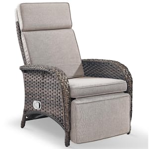 Flat Armrest Series Brown Wicker Outdoor Versatile Outdoor Recliner Chair for Patio with CushionGuard Beige Cushions