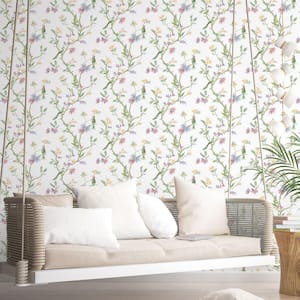 Secret Garden White and Bright Garden Bird Trail Non-Woven Paper Non-Pasted Wallpaper Roll (Covers 57.75 sq.ft.)