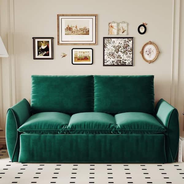 Modern 70.9 in. W Green Velvet Twin Size Convertible Sofa Bed with Foldable Pillow, 3-Seat Multi-Functional Sofa