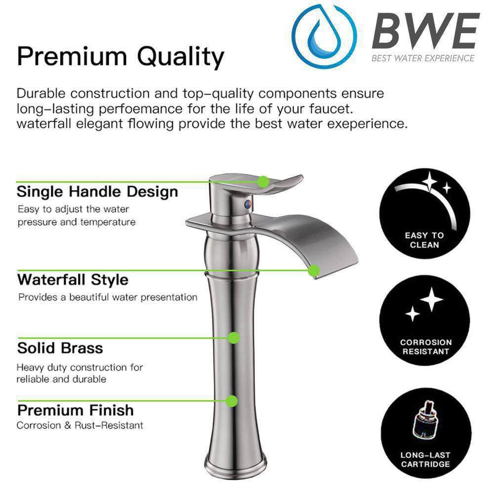 Brushed Nickel Waterfall Vessel Bathroom Faucet with Pop-Up Drain