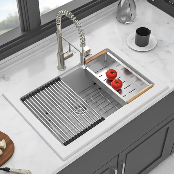 30 in. Drop-in Single Bowl White Quartz Kitchen Sink with Bottom Grids
