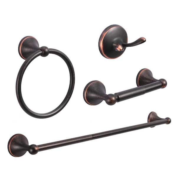 4-Piece Bath Hardware Set Included Towel Bar, Toilet Paper Holder, Towel Ring and Robe Hooks in Oil-Rubbed Bronze