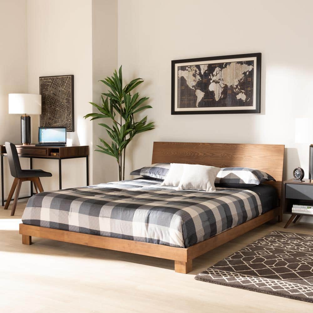 Haines Medium Walnut Wood Queen Platform Bed with Slats