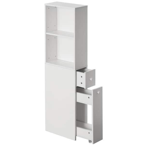Basicwise Bathroom Cabinet 15.5 in. W x 7 in. D x 53 in. H White Wooden Linen Cabinet with Storage Drawer and Adjustable Shelf