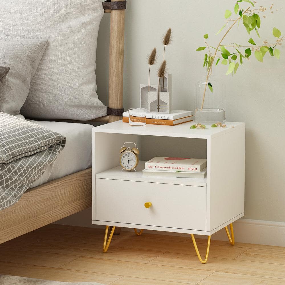 FUFU&GAGA 1-Drawer White Nightstands with Metal Legs and Open Shelf, Side Table Bedside Table 20 in. H x 19.6 in. W x 15.7 in. D KF210123-02-xin - The Home Depot