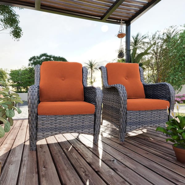 Ergonomic Arm 2-Piece Patio Wicker Outdoor Lounge Chair with Thick Orange Cushions