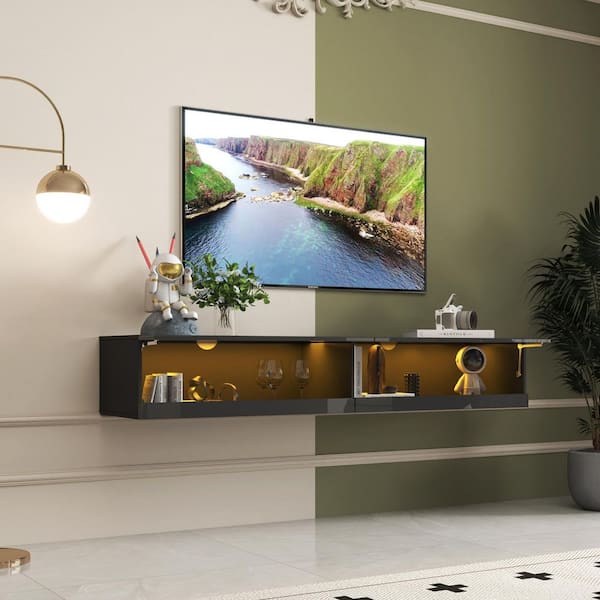 80 in. Modern Black Floating TV Stand with 20 Color LEDs, Charging Station and Storage Management(Max TV Size 79 in. )