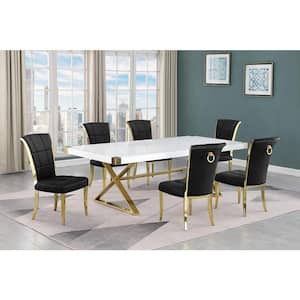 Miguel 7-Piece Rectangle White Wood Top Gold Stainless Steel Dining Set with 6 Black Velvet Chairs