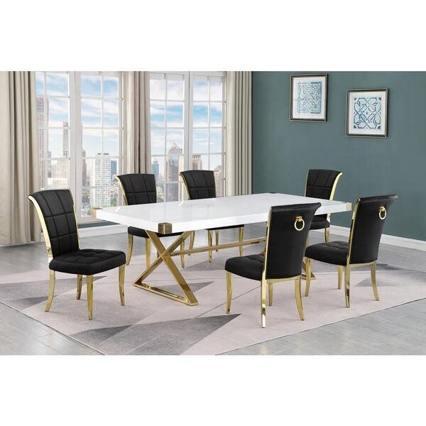 Best Quality Furniture Miguel 7-Piece Rectangle White Wood Top Gold Stainless Steel Dining Set with 6 Black Velvet Chairs