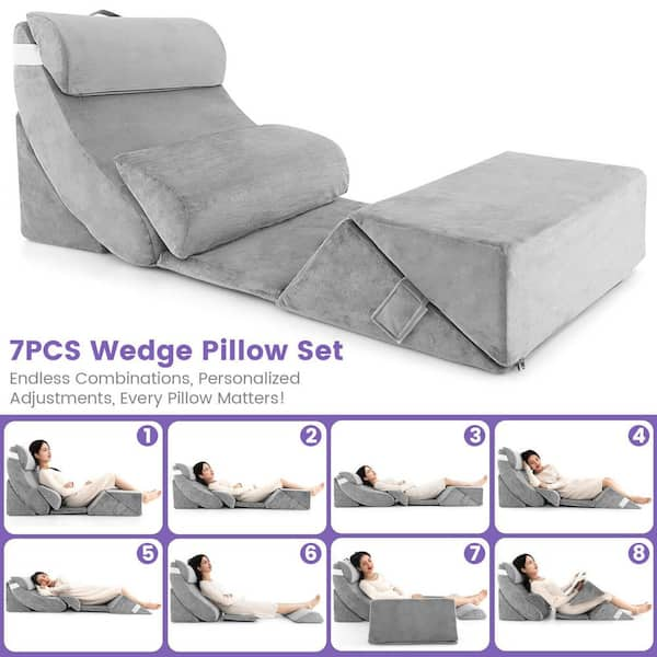 7PCS Body Bed Wedge Pillow Set Adjustable Back Neck Leg Support Memory Foam  Grey