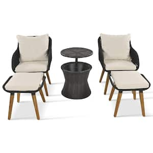 Black Wicker 5-Piece Patio Conversation Set with Beige Cushions and 1-Cool Bar Table for Porch, Backyard