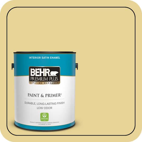 BEHR PREMIUM PLUS 1 gal. #390D-4 Honey Beige Satin Enamel Low Odor Interior Paint & Primer