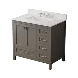 36 in. W x 22 in. D x 34 in. H Single Sink Solid Wood Bath Vanity in Gray with White Marble Top