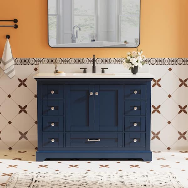 48 in. W x 22 in. D Solid Wood Freestanding Navy Blue Bath Vanity with White Cultured Marble Top and Soft-close Hardware