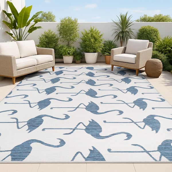Liana Casual Coastal Flamingos 2-Tone White/Navy 3 ft. x 5 ft. Indoor/Outdoor Area Rug